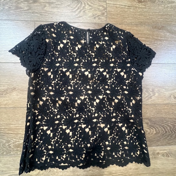 Talbots Women's Petite Lace Overlay Blouse, Black with tan, 8P, Short Sleeve - Picture 4 of 8